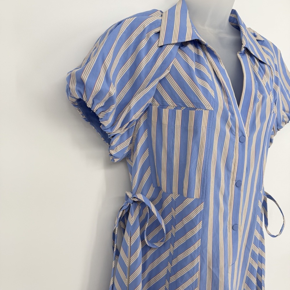3.1 Phillip Lim Sz 2 Collared Puff Sleeve‎ Short Shirt Dress Striped Side Ties - Picture 4 of 7